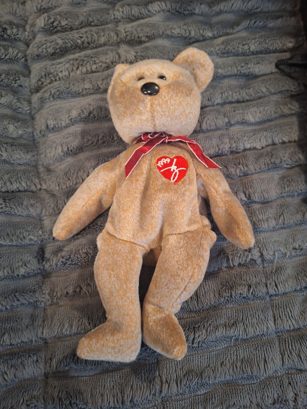 Ty Plush Tan Teddy Bear with Red Ribbon and Heart Patch "1999"